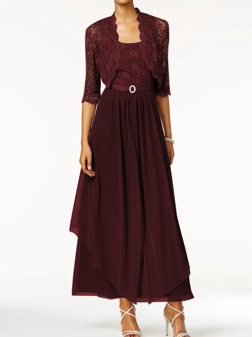 Robe mère de mariée 2 pièces col rond jupe plissée à la cheville