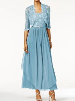 Robe mère de mariée 2 pièces col rond jupe plissée à la cheville