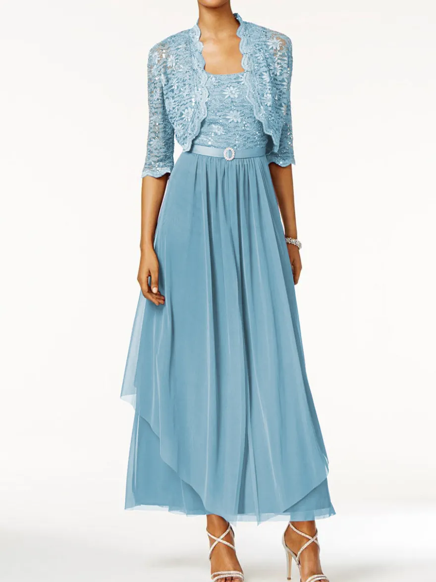 Robe mère de mariée 2 pièces col rond jupe plissée à la cheville