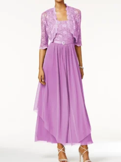Robe mère de mariée 2 pièces col rond jupe plissée à la cheville