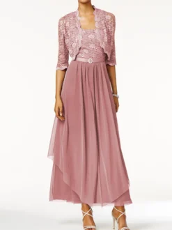Robe mère de mariée 2 pièces col rond jupe plissée à la cheville