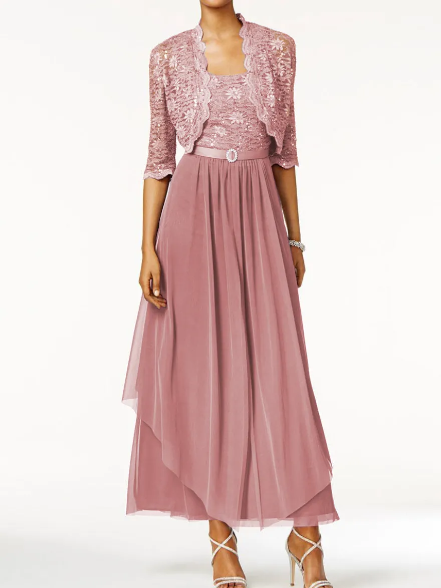 Robe mère de mariée 2 pièces col rond jupe plissée à la cheville