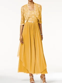 Robe mère de mariée 2 pièces col rond jupe plissée à la cheville