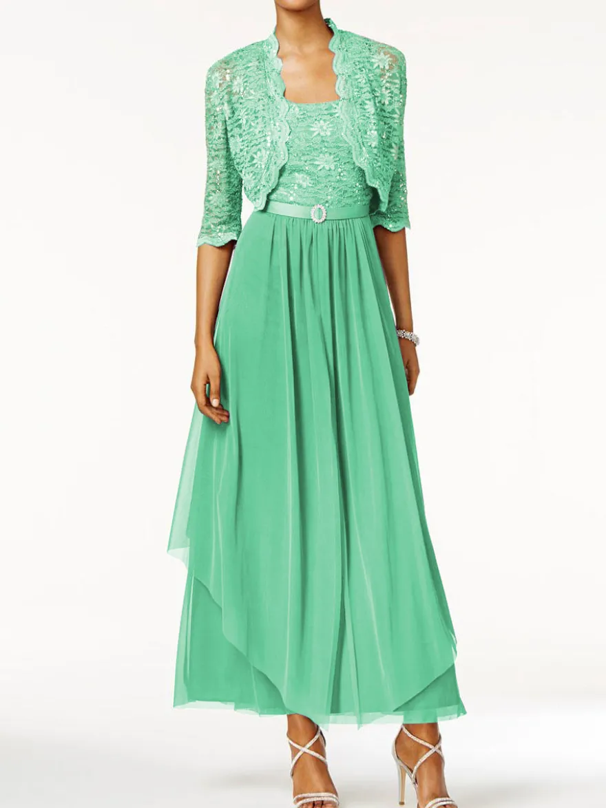 Robe mère de mariée 2 pièces col rond jupe plissée à la cheville