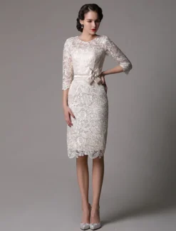 Robe mère de mariée Robe d'invité demi-manche en dentelle longeur au dessous de genou zip sur dos