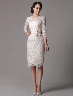Robe mère de mariée Robe d'invité demi-manche en dentelle longeur au dessous de genou zip sur dos
