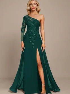 Robe mère une épaule manches longues robe de bal à paillettes robes d'invitées pour mariage