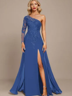 Robe mère une épaule manches longues robe de bal à paillettes robes d'invitées pour mariage