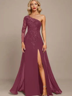 Robe mère une épaule manches longues robe de bal à paillettes robes d'invitées pour mariage