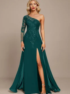 Robe mère une épaule manches longues robe de bal à paillettes robes d'invitées pour mariage