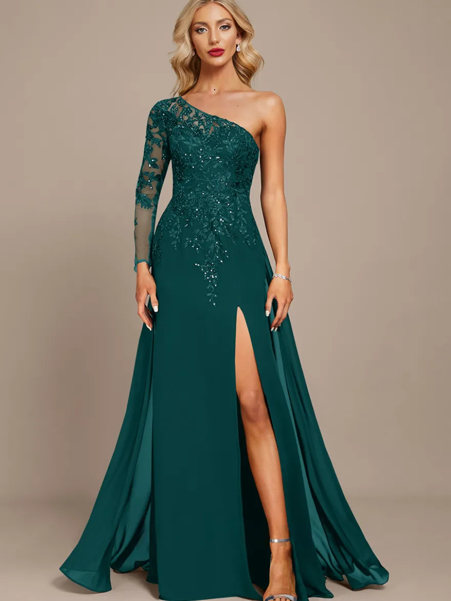 Robe mère une épaule manches longues robe de bal à paillettes robes d'invitées pour mariage