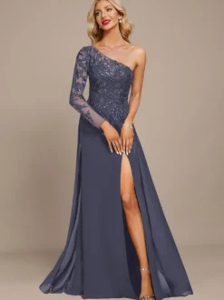 Robe mère une épaule manches longues robe de bal à paillettes robes d'invitées pour mariage