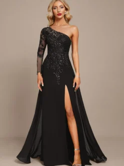 Robe mère une épaule manches longues robe de bal à paillettes robes d'invitées pour mariage
