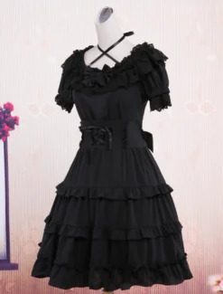Robe noire classique Lolita mignonne coton une pièce manches courtes Déguisements