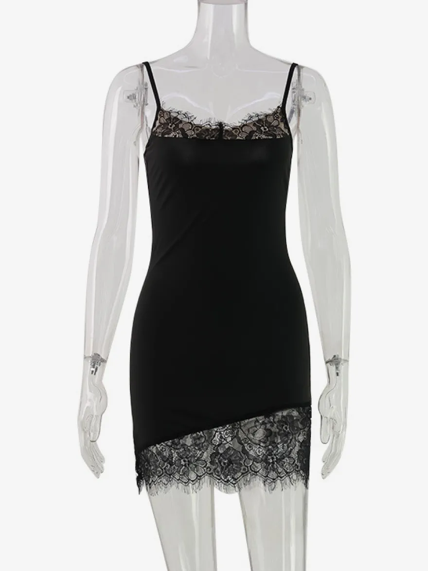 Robe nuisette à bordure en dentelle pour femme - Robe moulante mini noire sans manches style années 2000 - Tenue de soirée estivale 2026