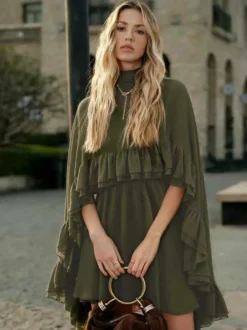 Robe nuisette courte en mousseline avec cape pour femme - Ensemble élégant à volants superposés 2 pièces - Idéale pour les invités de mariage les fêtes et les cocktails de printemps 2026