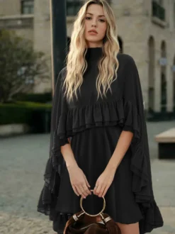 Robe nuisette courte en mousseline avec cape pour femme - Ensemble élégant à volants superposés 2 pièces - Idéale pour les invités de mariage les fêtes et les cocktails de printemps 2026