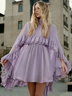 Robe nuisette courte en mousseline avec cape pour femme - Ensemble élégant à volants superposés 2 pièces - Idéale pour les invités de mariage les fêtes et les cocktails de printemps 2026