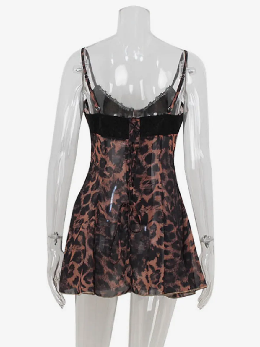 Robe nuisette courte imprimée léopard pour femme - Débardeur en dentelle marron style années 2000 coupe évasée - Idéale pour les soirées d'été en club (édition 2026)