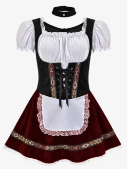 Robe Oktoberfest bordeaux foncé costume 3 pièces robe Dirndl pour femme mini-costume