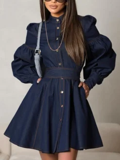 Robe patineuse en jean à manches bouffantes et boutonnée mini-robe trapèze pour femme 2026