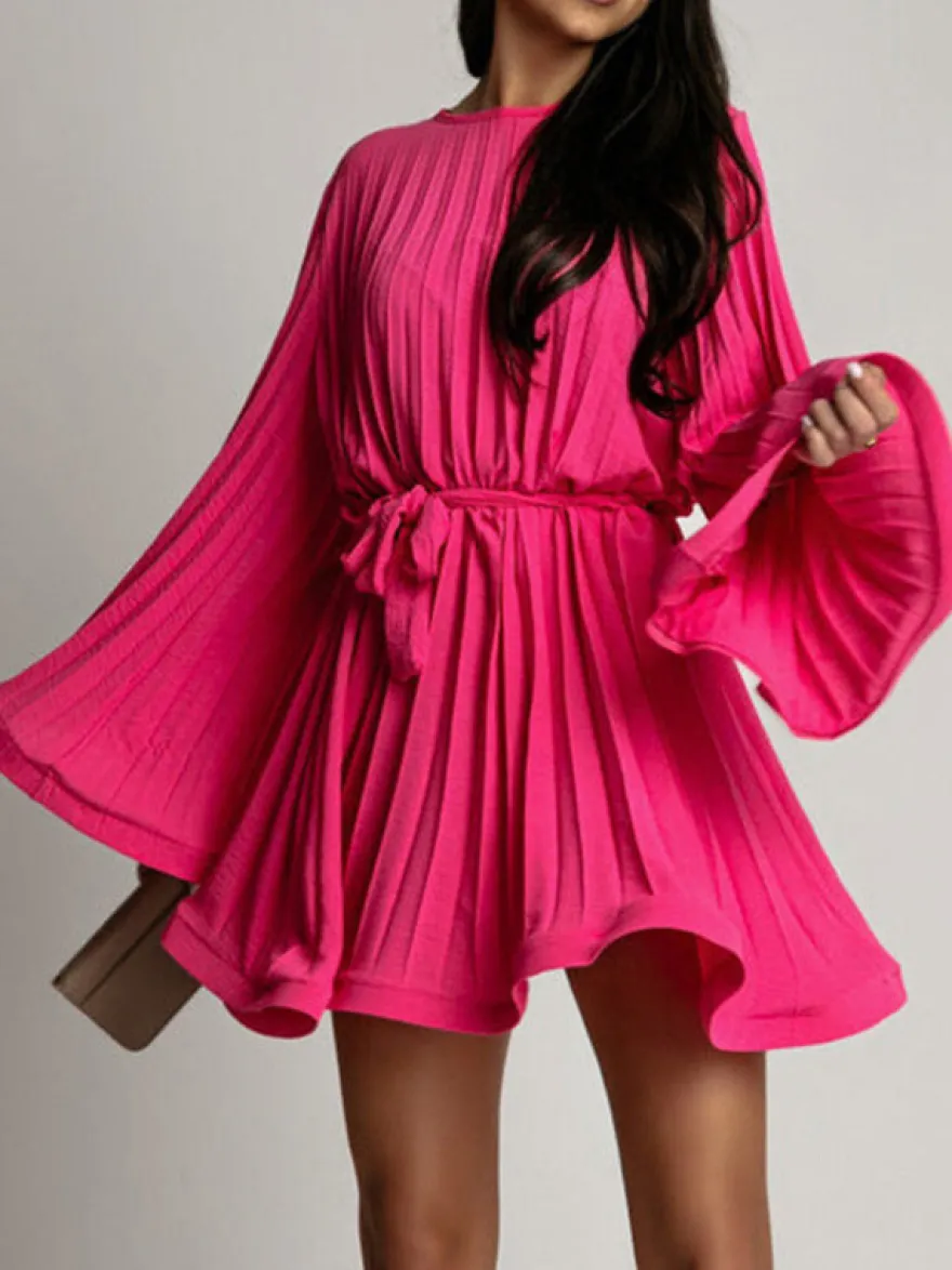 Robe Patineuses Courte Manches Longues Plissées À Lacets Robe Évasée Chic Mini Robe