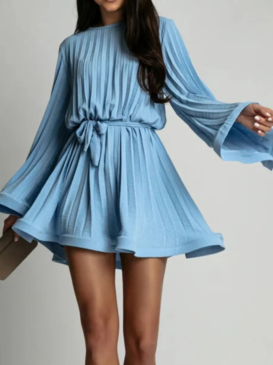 Robe Patineuses Courte Manches Longues Plissées À Lacets Robe Évasée Chic Mini Robe