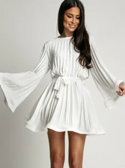 Robe Patineuses Courte Manches Longues Plissées À Lacets Robe Évasée Chic Mini Robe