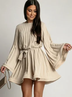 Robe Patineuses Courte Manches Longues Plissées À Lacets Robe Évasée Chic Mini Robe