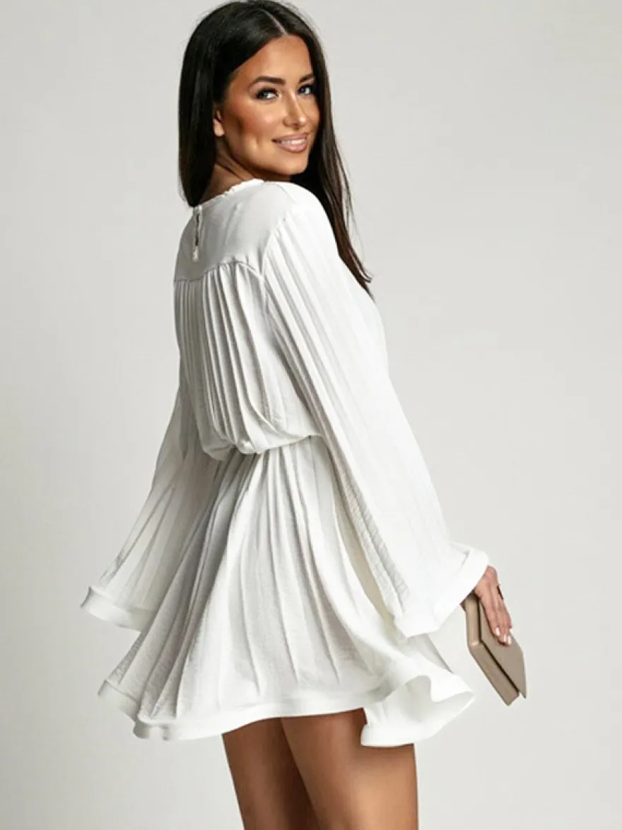 Robe Patineuses Courte Manches Longues Plissées À Lacets Robe Évasée Chic Mini Robe