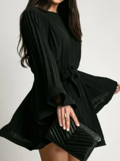 Robe Patineuses Courte Manches Longues Plissées À Lacets Robe Évasée Chic Mini Robe