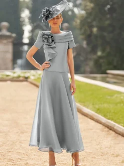 Robe pour mère de famille col bateau manches courtes deux pièces fleurs longueur cheville robes d'invitées de mariage