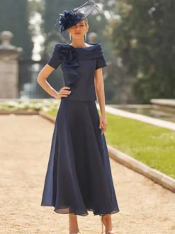 Robe pour mère de famille col bateau manches courtes deux pièces fleurs longueur cheville robes d'invitées de mariage
