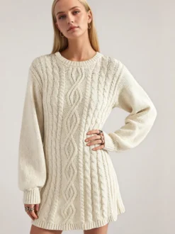 Robe pull moulante mini à manches lanternes et col rond en maille torsadée Daily Dresses
