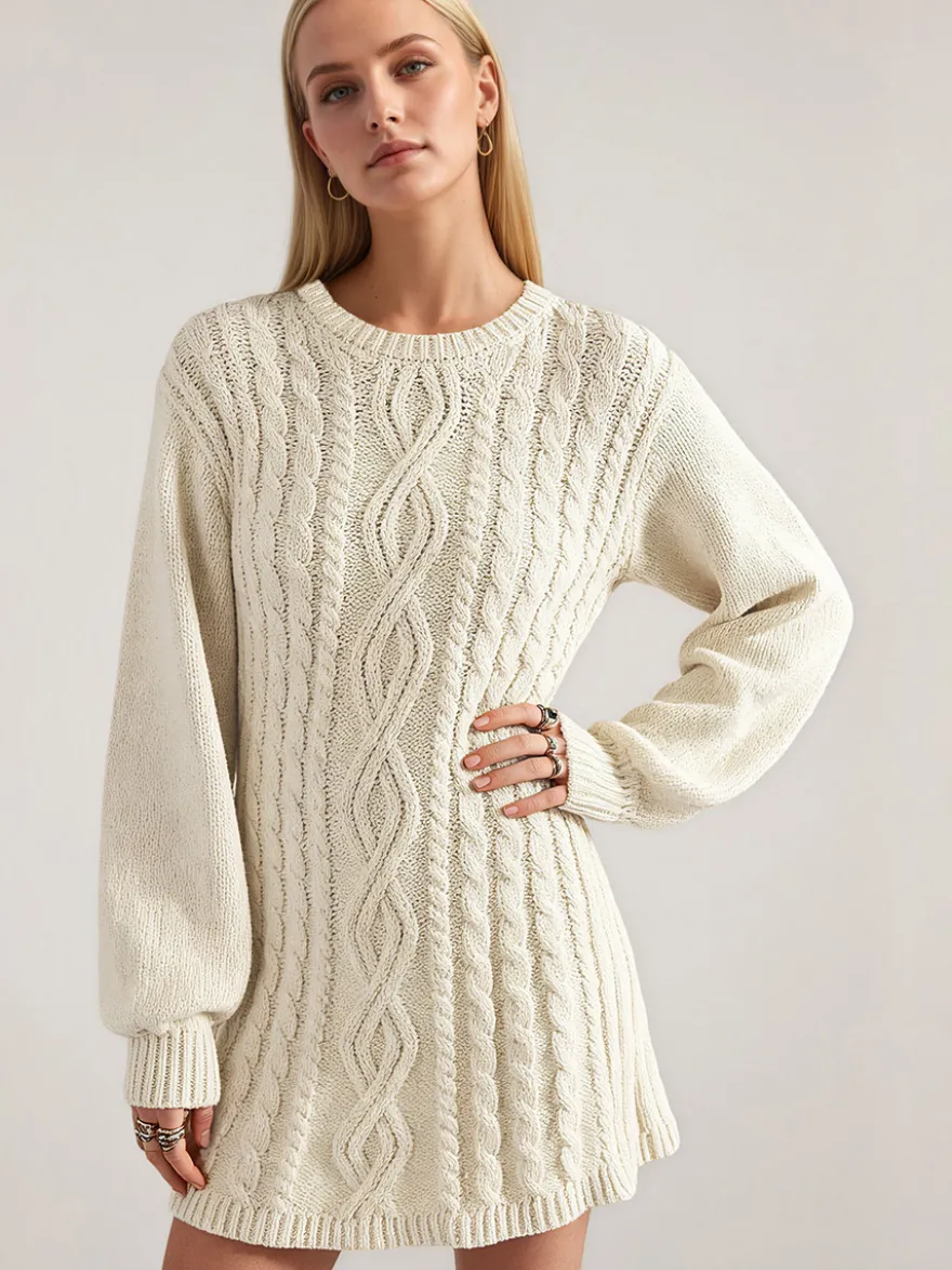 Robe pull moulante mini à manches lanternes et col rond en maille torsadée Daily Dresses