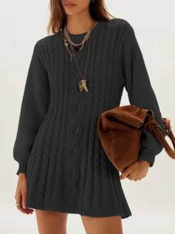 Robe pull moulante mini à manches lanternes et col rond en maille torsadée Daily Dresses