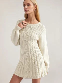 Robe pull moulante mini à manches lanternes et col rond en maille torsadée Daily Dresses