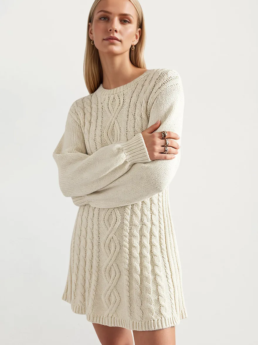 Robe pull moulante mini à manches lanternes et col rond en maille torsadée Daily Dresses