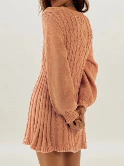 Robe pull moulante mini à manches lanternes et col rond en maille torsadée Daily Dresses