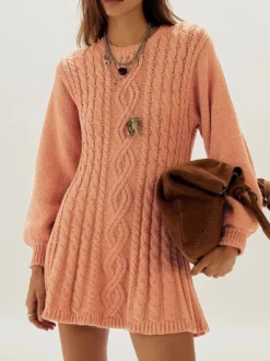 Robe pull moulante mini à manches lanternes et col rond en maille torsadée Daily Dresses