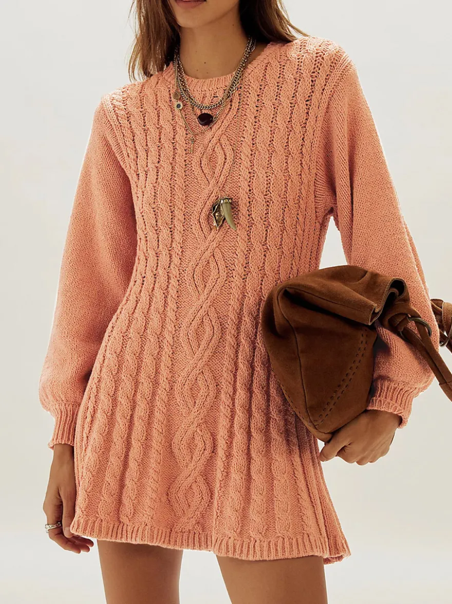 Robe pull moulante mini à manches lanternes et col rond en maille torsadée Daily Dresses