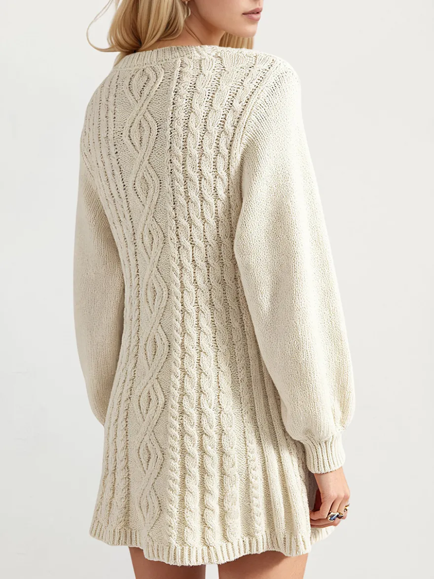 Robe pull moulante mini à manches lanternes et col rond en maille torsadée Daily Dresses