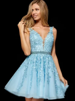 Robe rentrée scolaire robe de cérémonie baby bleu col V en dentelle longueur au dessus de genoux