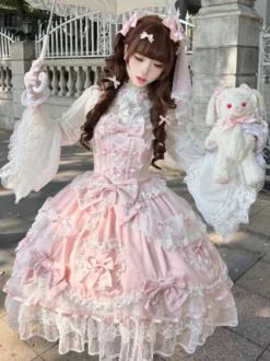 Robe rose Sweet Lolita sans manches à volants et nœuds JSK Hime Lolita