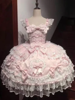 Robe rose Sweet Lolita sans manches à volants et nœuds JSK Hime Lolita
