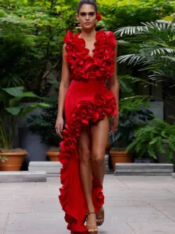 Robe rouge chic à volants sans manches dos nu asymétrique mini-robe de soirée