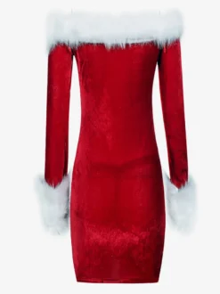 Robe Rouge De Noël Pour Femme Costumes Col Bateau Fausse Fourrure Sexy