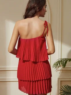 Robe rouge mini à volants sans manches et dos nu pour femme Daily Dresses