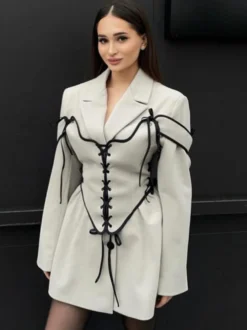 Robes Blazer Col Rabattu Bicolore À Lacets Manches Longues Chic Vêtements Femme Mini Robes