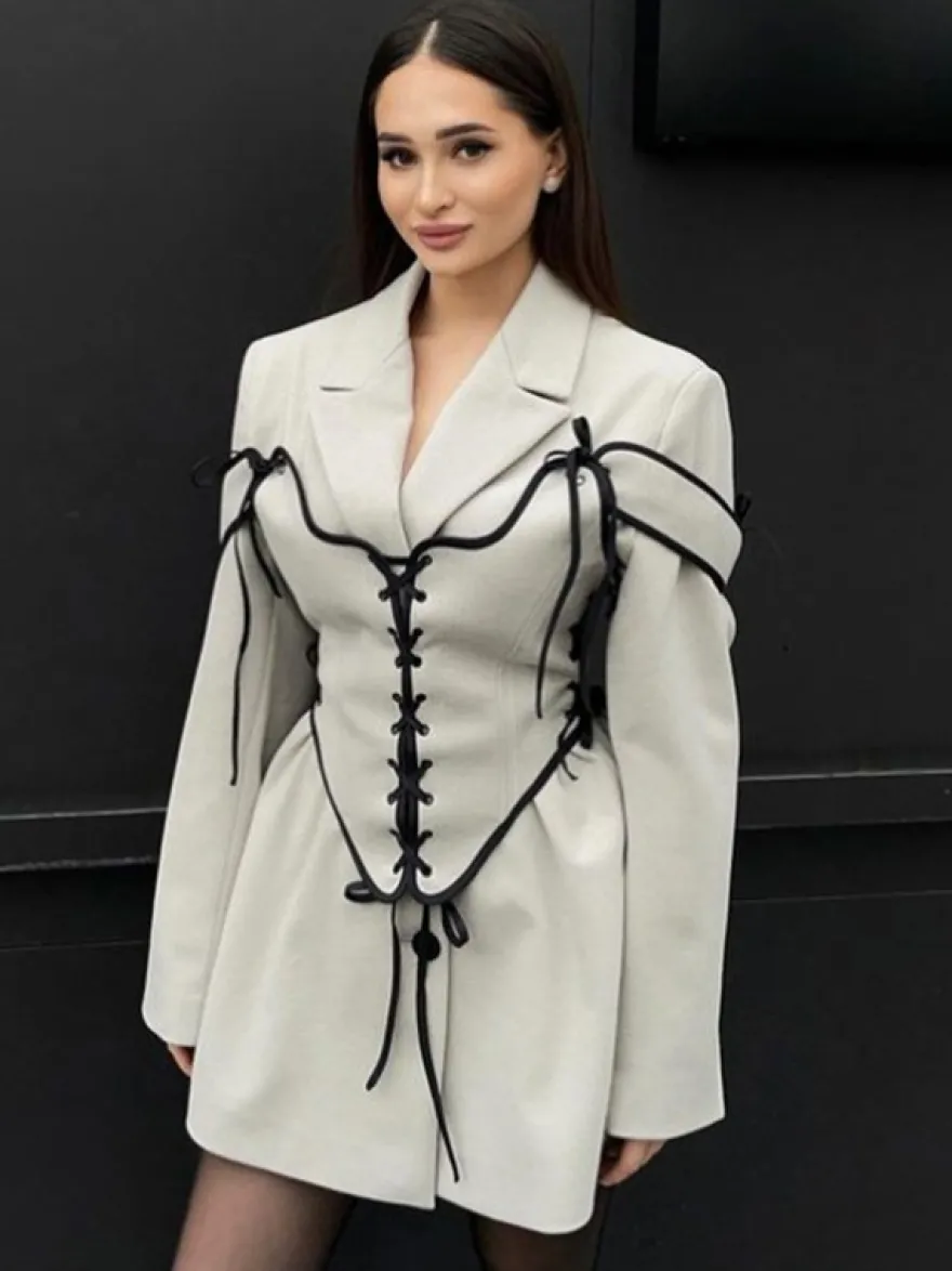 Robes Blazer Col Rabattu Bicolore À Lacets Manches Longues Chic Vêtements Femme Mini Robes